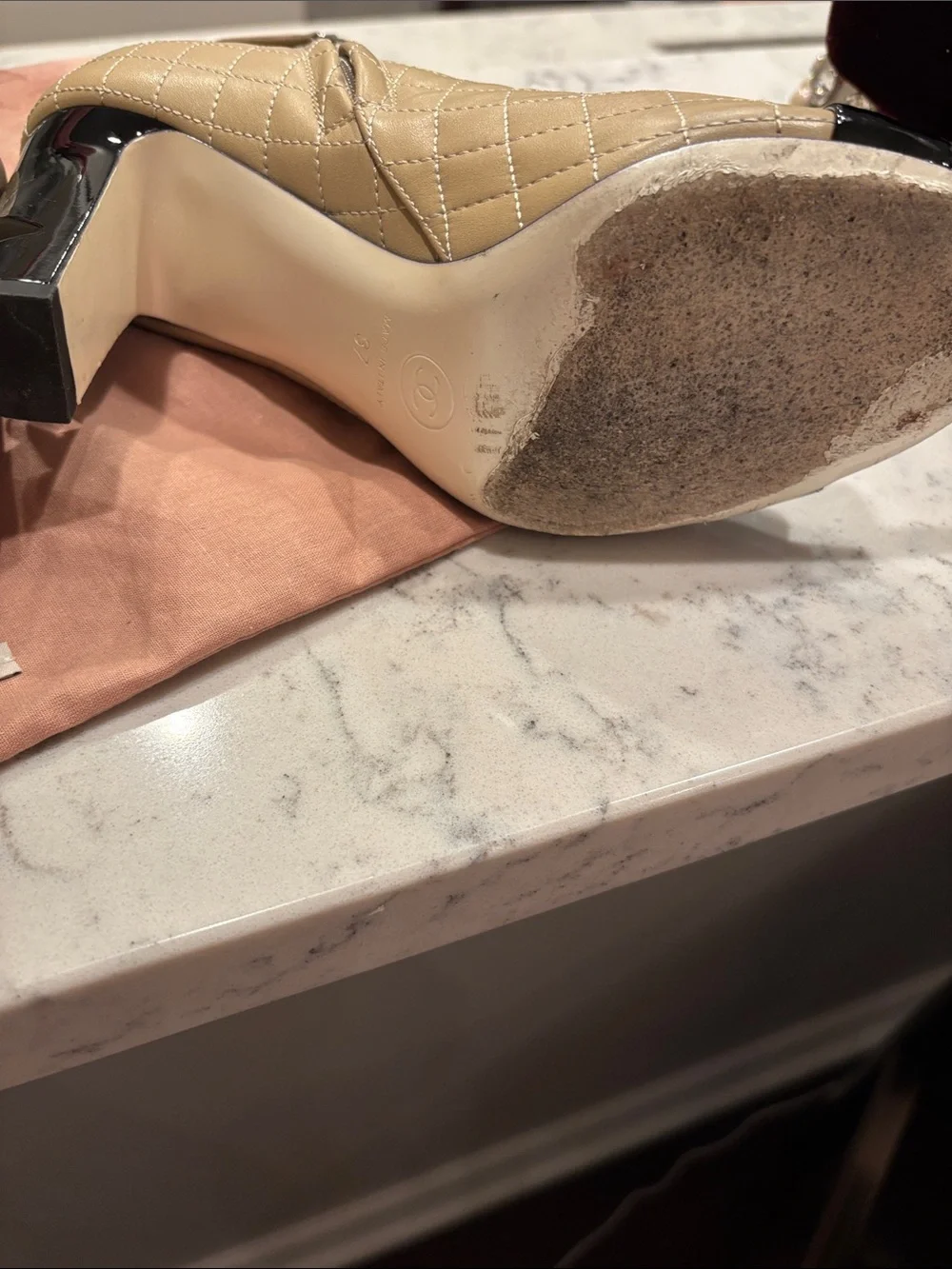 CHANEL Beige Quilted Peep-Toe Ankle Boots with Black Patent Trim